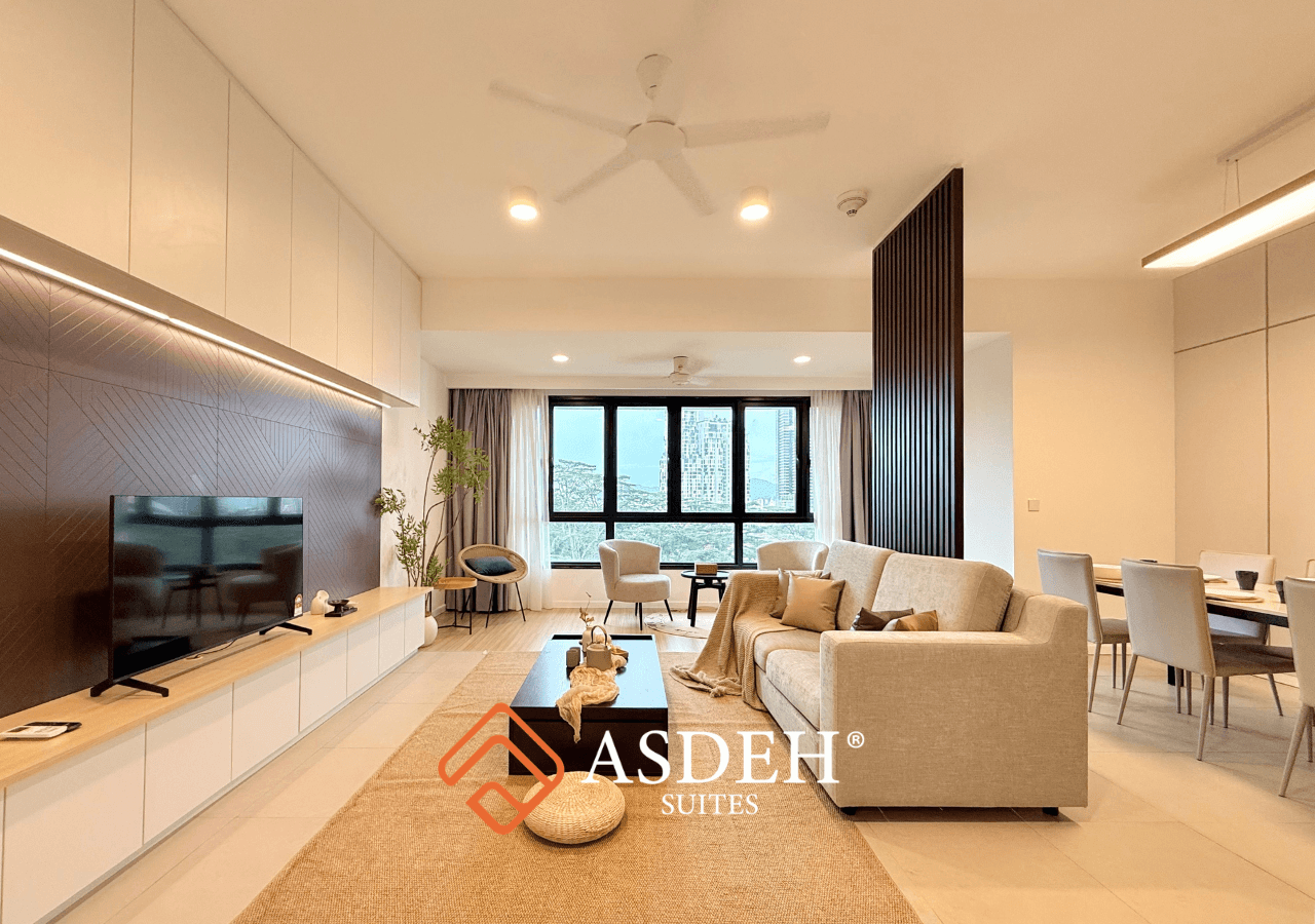 A furnished Asdeh suite with floor-to-ceiling windows over the Kuala Lumpur skyline